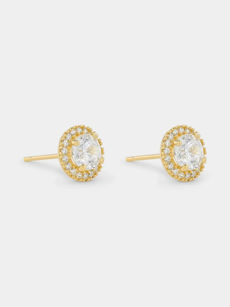Yellow Gold Cubic Zirconia Round Halo Stud Earrings