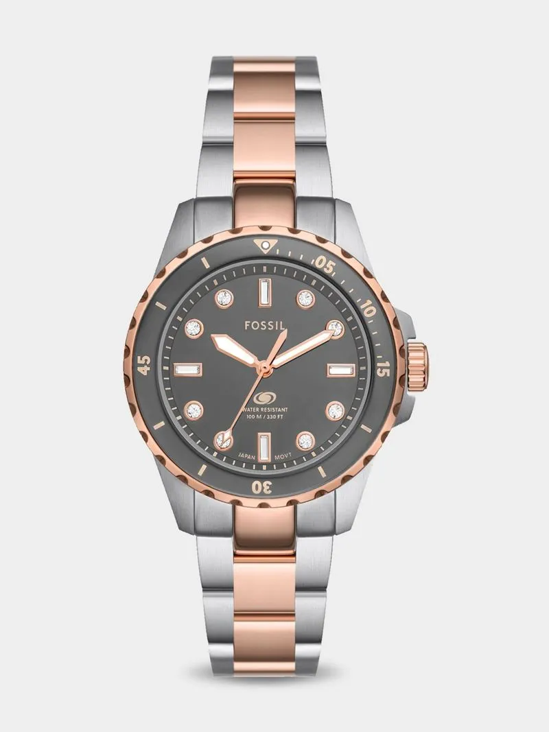Fossil Blue Grey Dial Silver & Rose Plated Stainless Steel Bracelet Watch