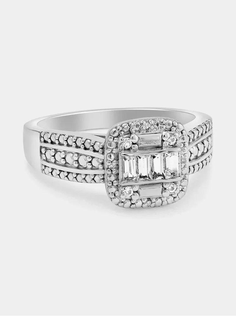 White Gold Diamond & Created Sapphire Cushion Baguette Ring