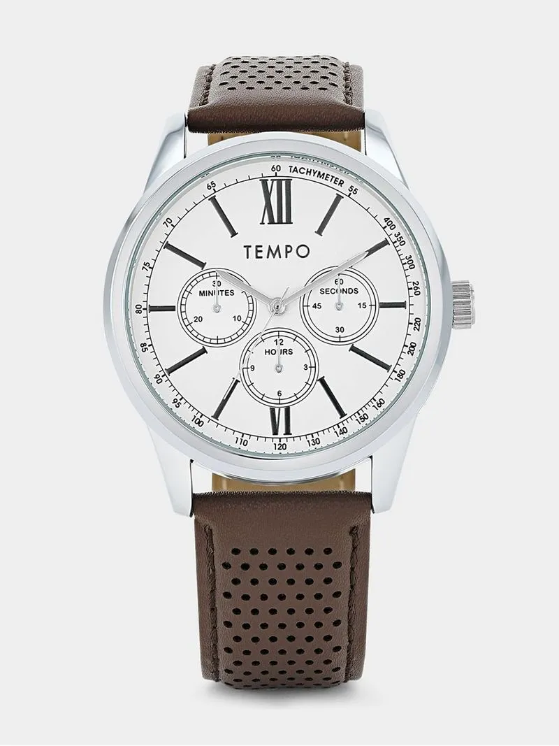 Tempo Men’s Silver Plated Beige Dial Brown Leather Watch