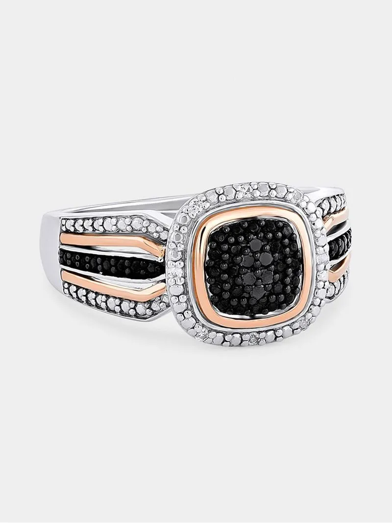 Rose Gold & Sterling Silver Black & White Diamond & Created Sapphire Cushion Halo Ring