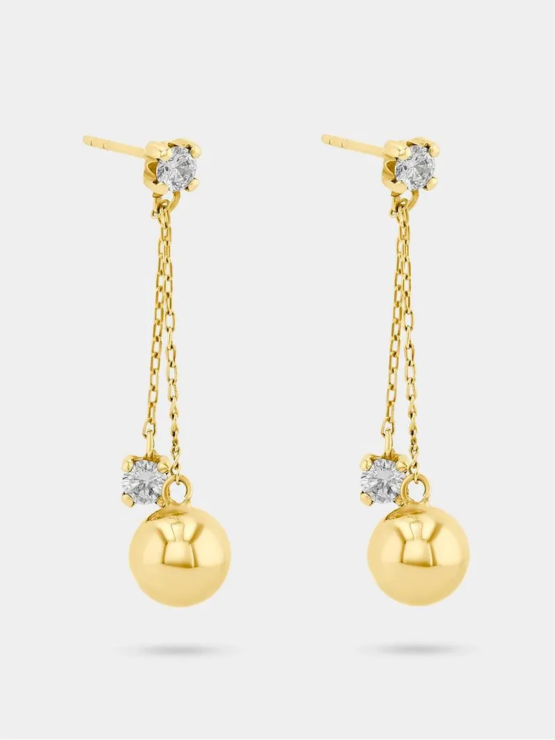 Yellow Gold Women’s Cubic Zirconia and Ball design Drop Earrings