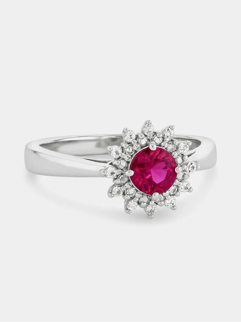 Sterling Silver Diamond & Created Ruby Starburst Ring