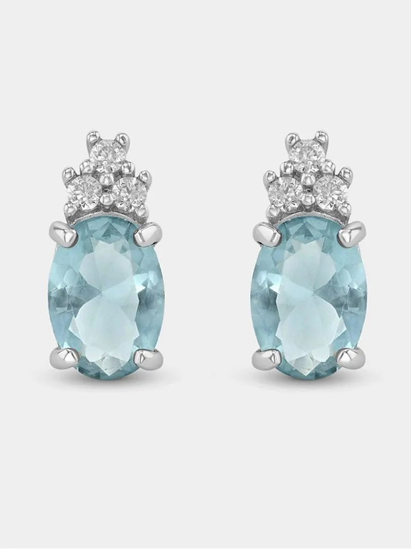 Sterling Silver Aquamarine Cubic Zirconia Oval Trio Stud Earrings