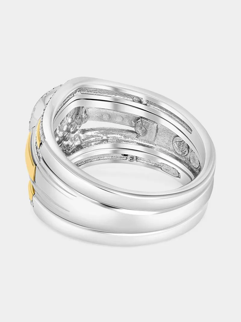 Yellow Gold & Sterling Silver Diamond & Created Sapphire Pear Halo Triple Set Ring