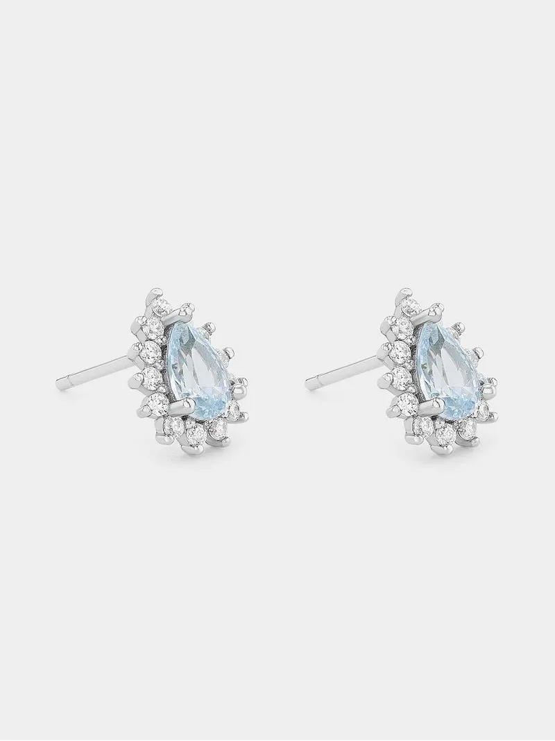 Sterling Silver Aquamarine Cubic Zirconia Pear Halo Stud Earrings