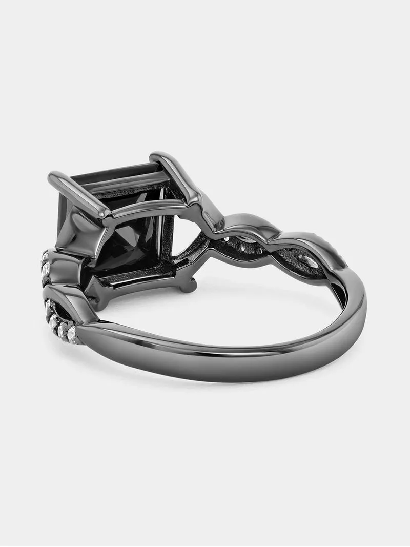 Black Plated Sterling Silver Black Cubic Zirconia Princess Ring