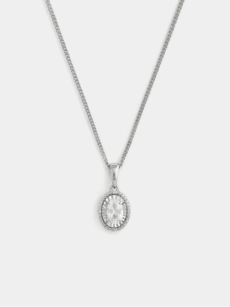 Sterling Silver Diamond & Created Sapphire Oval Illusion Pendant