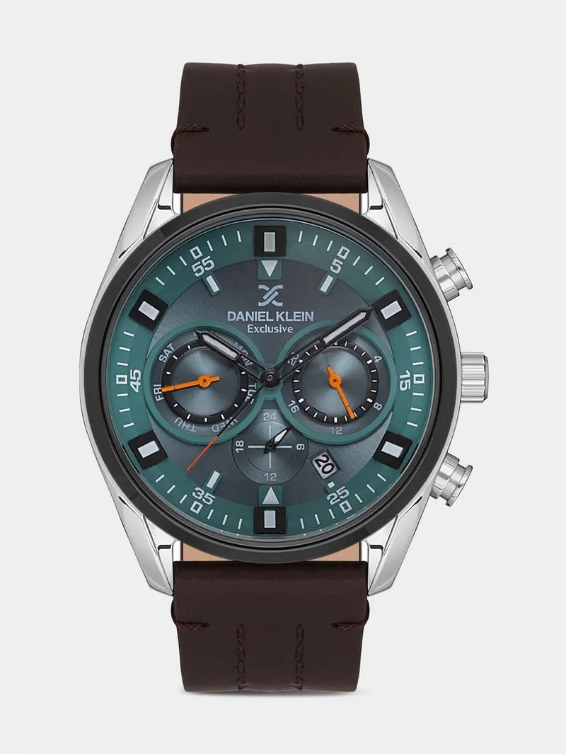Daniel Klein Silver Plated Aqua Dial Chronographic Brown Leather Watch