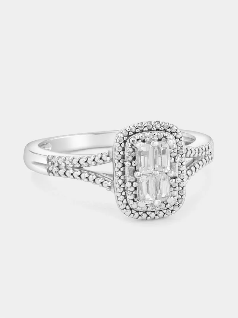 White Gold Diamond & Created Sapphire Rectangle Halo Ring