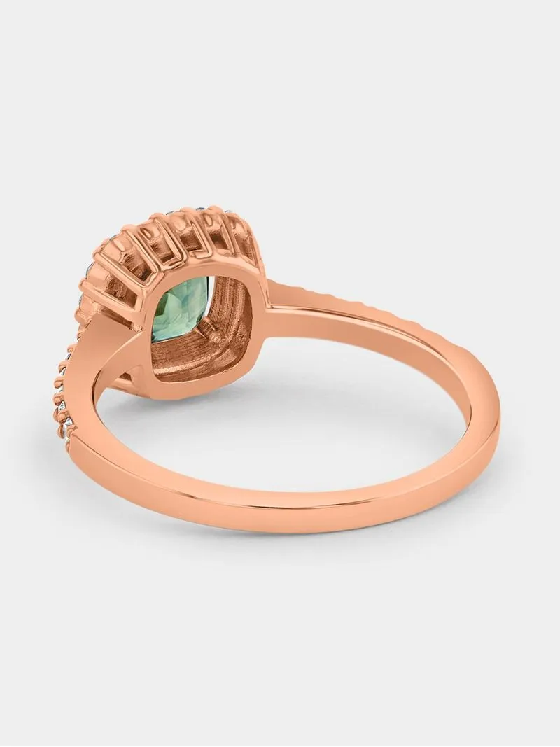 Rose Gold Diamond & Natural 1.31ct Teal Sapphire Cushion Halo Women’s Ring