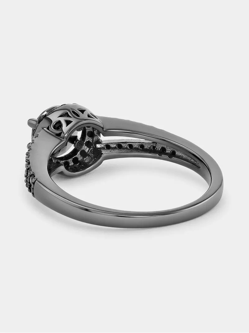 Black Plated Sterling Silver Black Cubic Zirconia Halo Ring