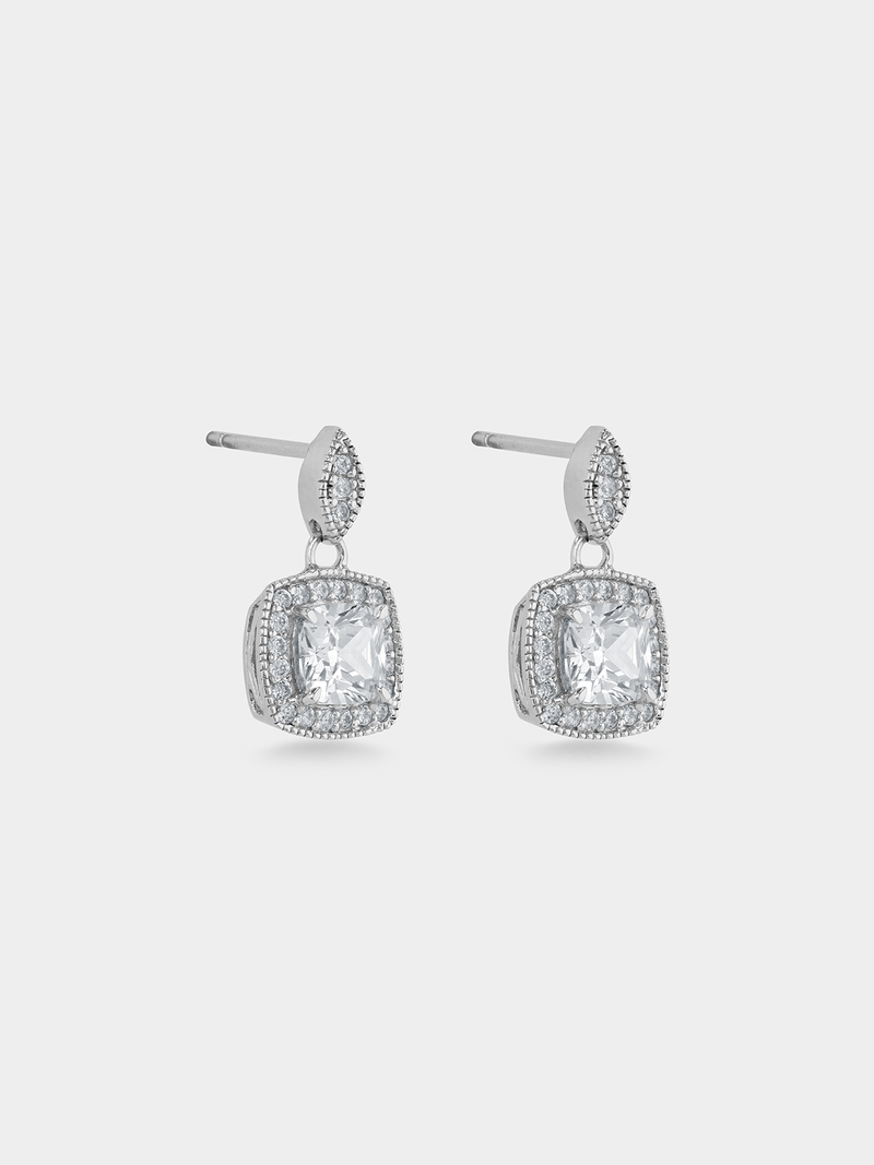 Cheté Sterling Silver Cubic Zirconia Women’s Cushion Halo Drop Earrings
