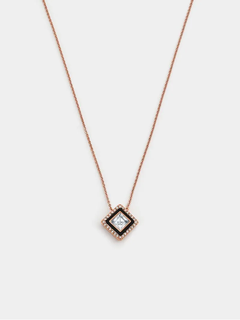 Cheté Rose Plated Sterling Silver Cubic Zirconia Black Enamel Women’s Rhombus Pendant