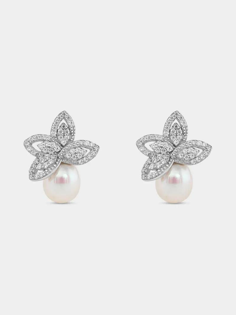 Sterling Silver Female Cubic Zirconia Pearl Studs Earring