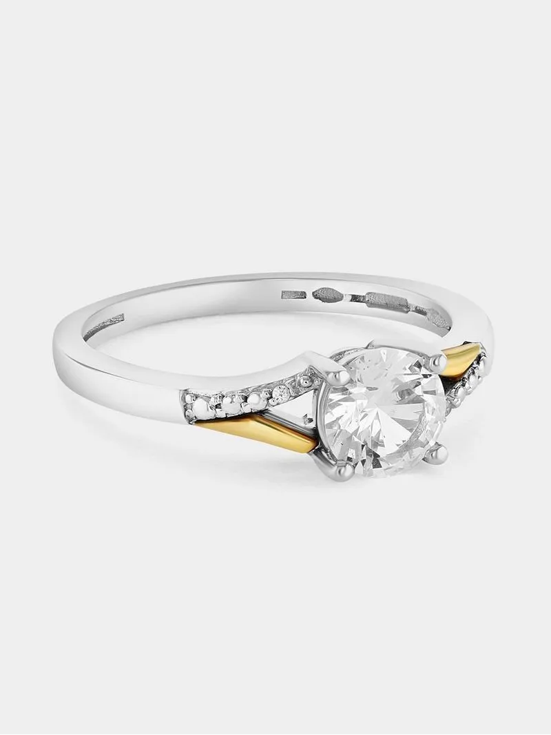 Yellow Gold & Sterling Silver Diamond & Created Sapphire Round Solitaire Split Ring