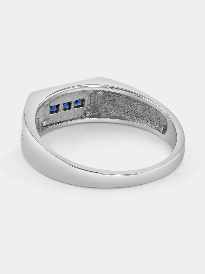 Silver & Yellow Gold Created Blue Sapphire Men's Ring