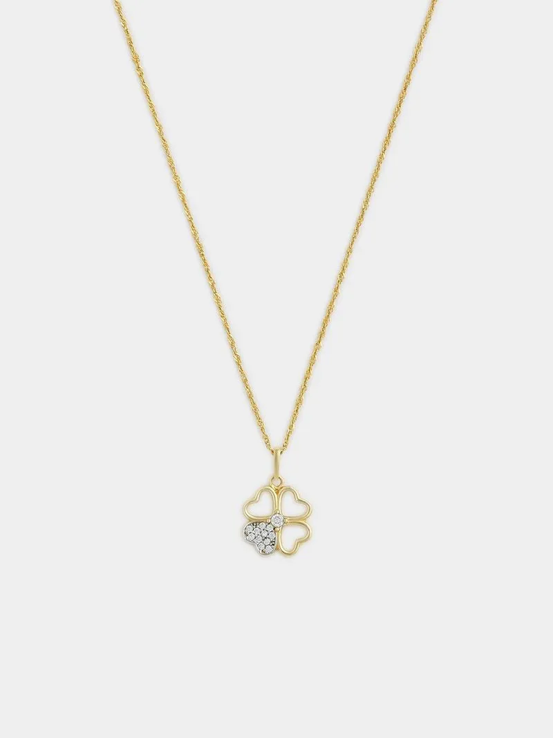 Yellow Gold Cubic Zirconia Heart Clover Pendant on Chain