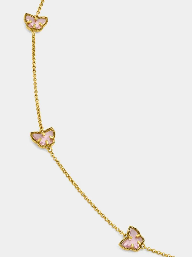 Yellow Gold & Sterling Silver Pink Cubic Zirconia Butterfly Anklet chain.