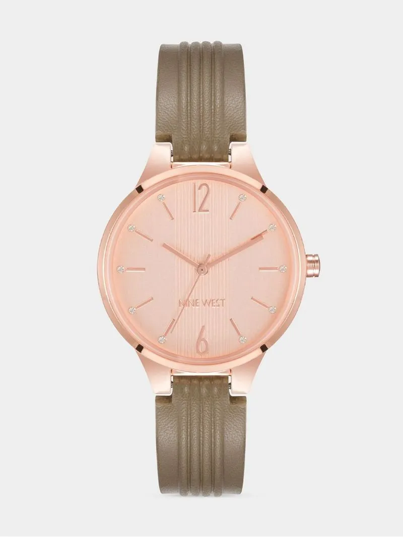 Nine West Women's Rose Gold Plated & Brown Round Vegan Leather Watch