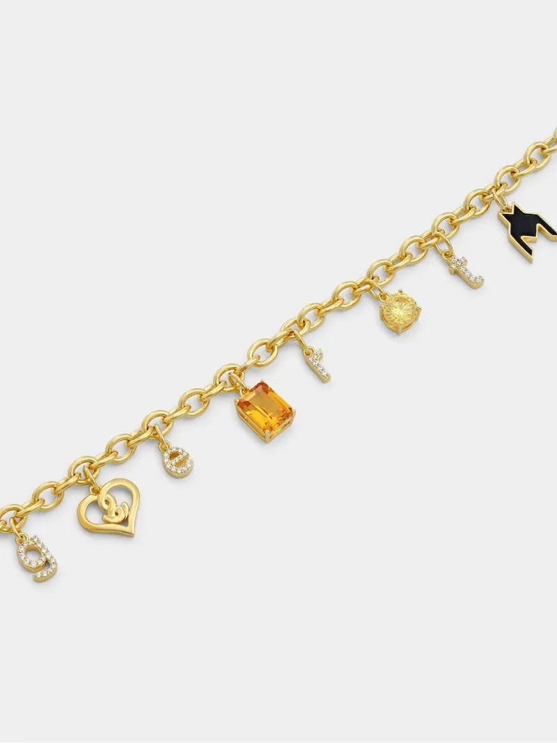 Gert Johan Coetzee Gold-tone Sterling Silver Cognac Cubic Zirconia & Pearl Love Generation Initial Charm Bracelet