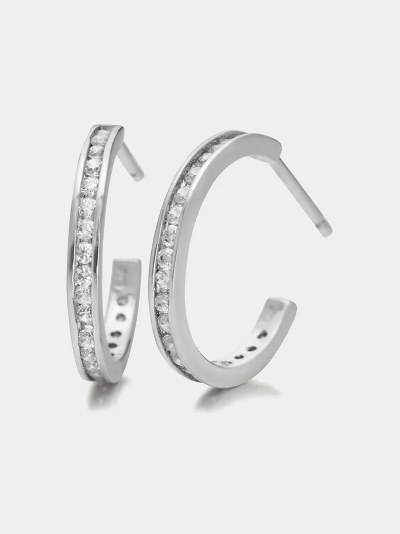 Sterling Silver Cubic Zirconia Women's Channel Hoop Earrings