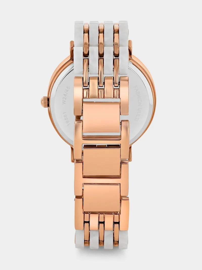 Tempo Premium Rose Plated Two-Tone Beige Marble Bracelet Watch