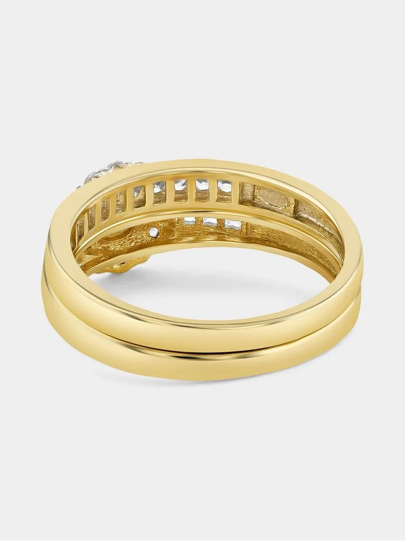 Yellow Gold Diamond & Created Sapphire Round Halo Channel Twinset Ring