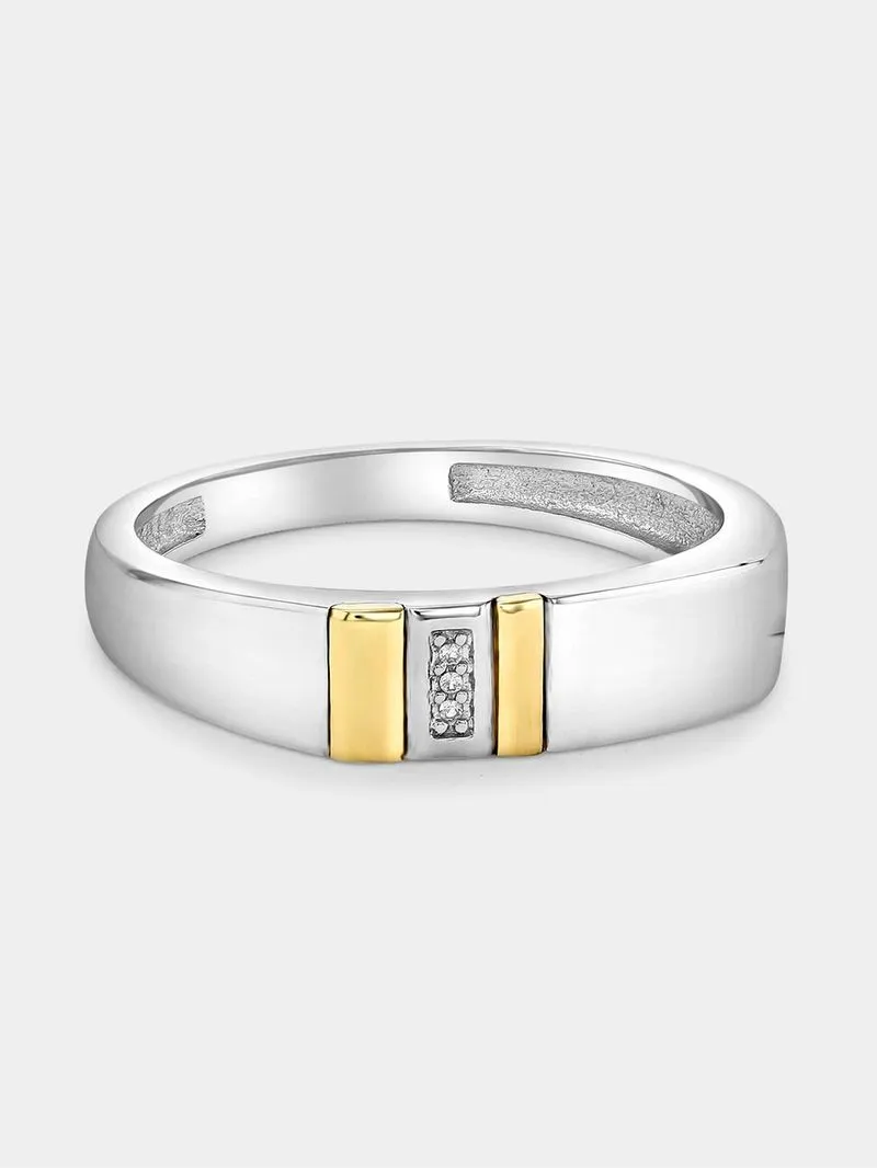 Yellow Gold & Sterling Silver Diamond Vertical Bar Ring