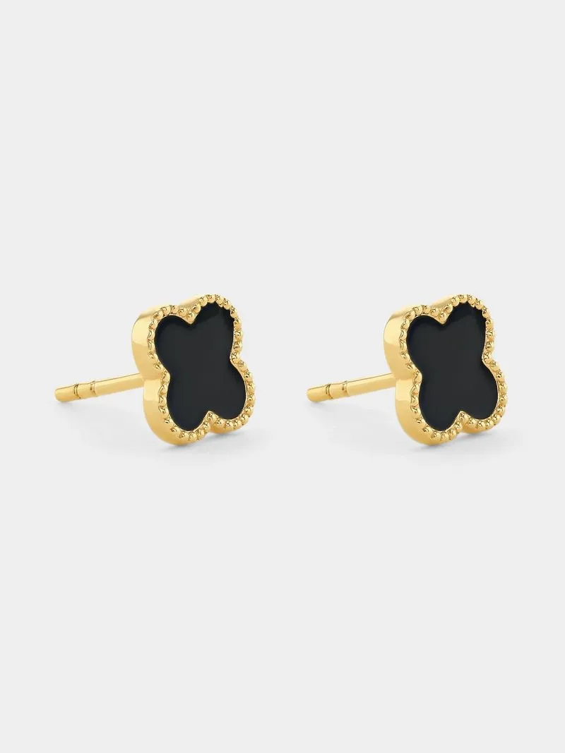 Gold Plated Sterling Silver Black Enamel Clover Stud Earrings