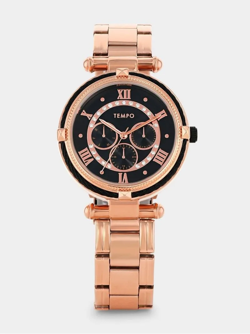Tempo Timepiece Collection Rose Plated Black Dial Bracelet Watch