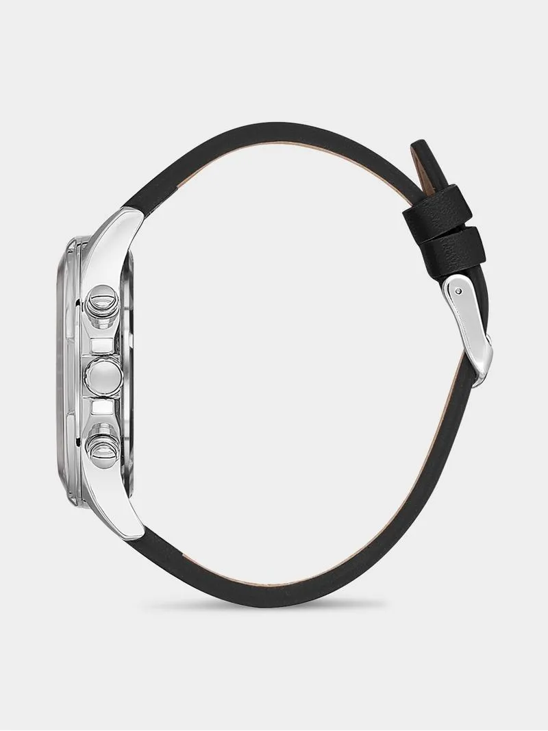 Daniel Klein Silver Plated Black Leather Chronographic Watch