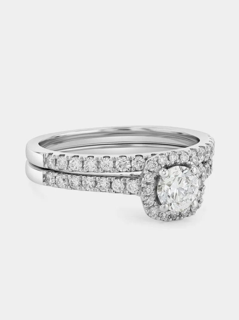 White Gold 1ct Lab Grown Diamond Cushion Halo Twinset Ring
