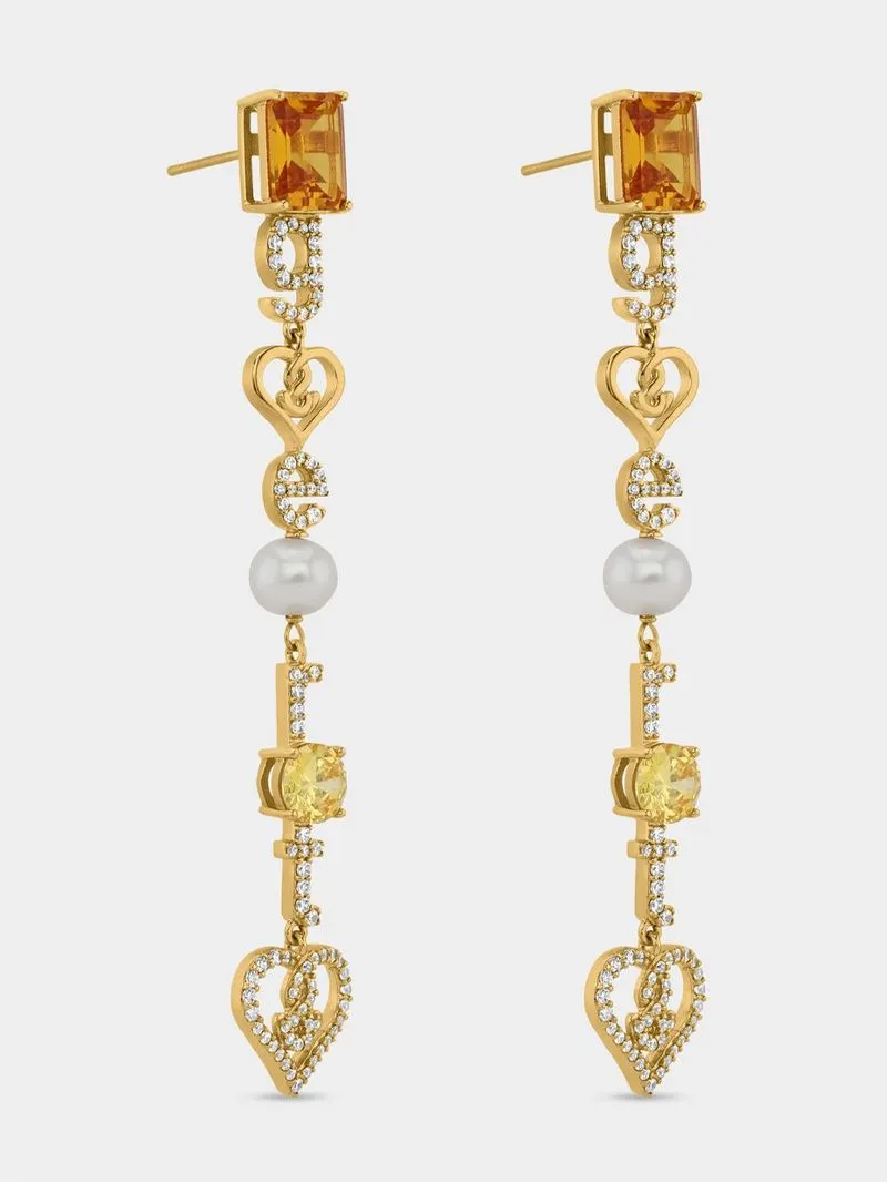 Gert Johan Coetzee Gold-tone Sterling Silver Cognac Cubic Zirconia & Pearl Love Generation Initial Earrings
