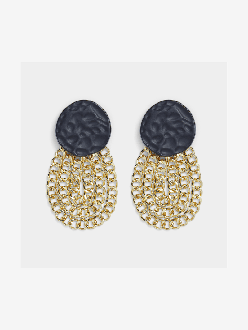 Statement Black Hammered Circle with Multi Gold Chain Drops
