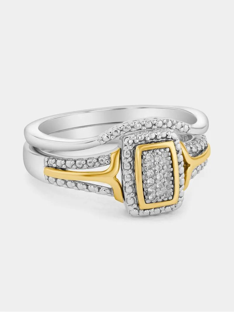 Yellow Gold & Sterling Silver Diamond & Created Sapphire Rectangle Halo Twinset Ring