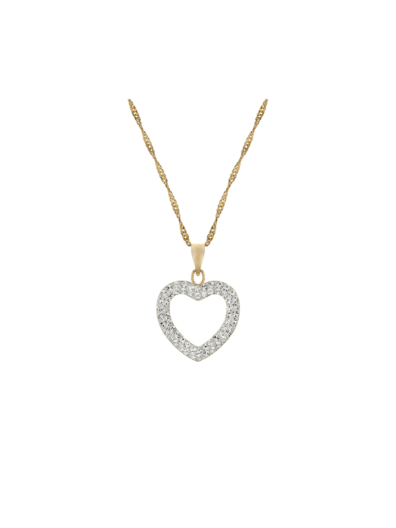 Yellow Gold & Sterling Silver, Open Heart Crystal Pendant on a chain.