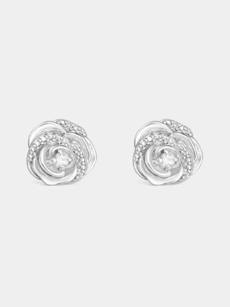 Sterling Silver Diamond & Created Sapphire Rose Stud Earrings