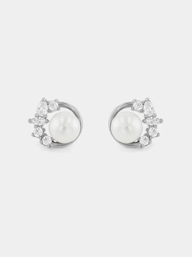 Sterling Silver Freshwater Pearl Cubic Zirconia Circle Stud Earrings