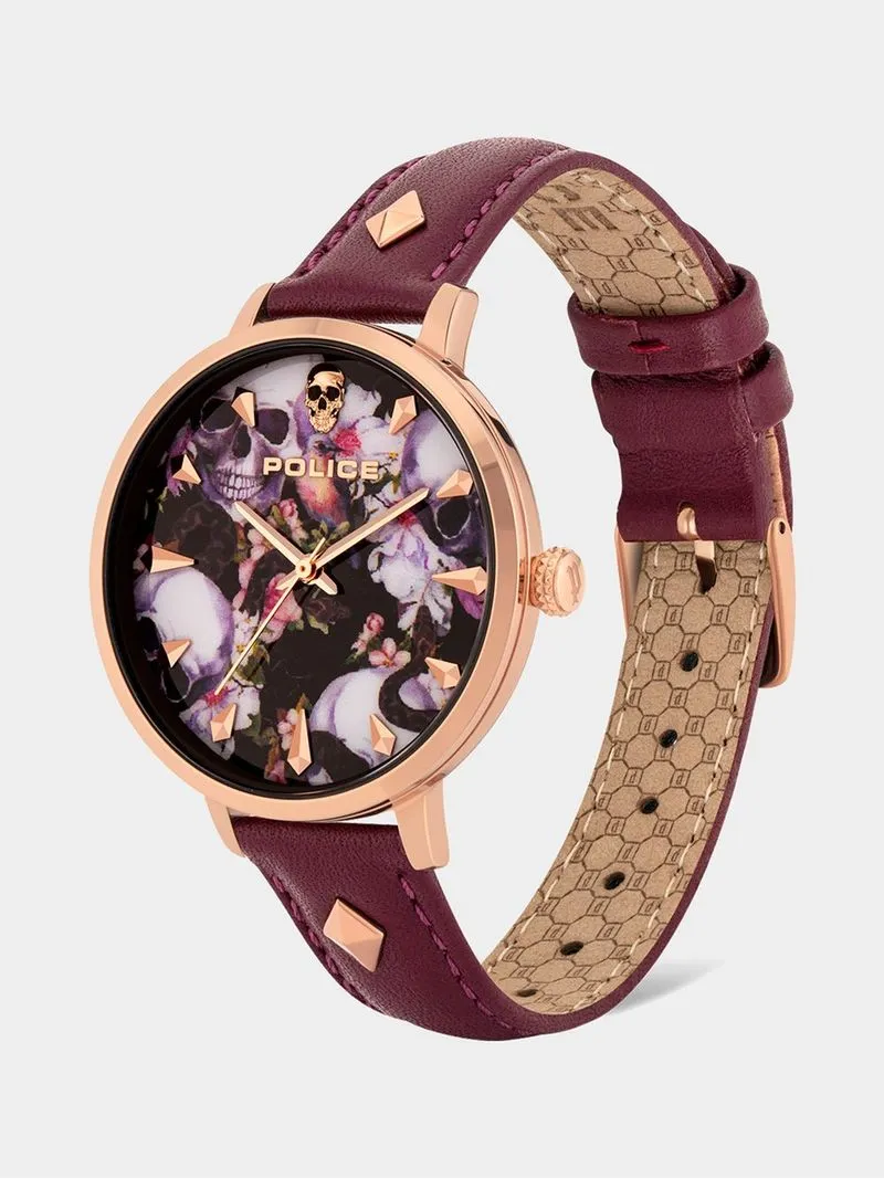 Police Miona Floral Gold Plated & Maroon Leather Watch