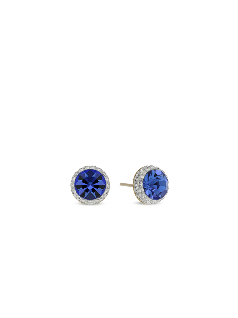 Yellow Gold & Sterling Silver,Blue Crystal Halo Stud Earrings