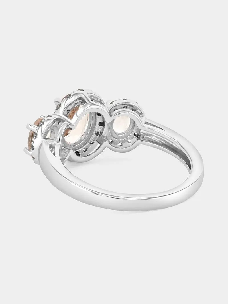 White Gold Diamond & Pink Morganite Oval Halo Trilogy Ring
