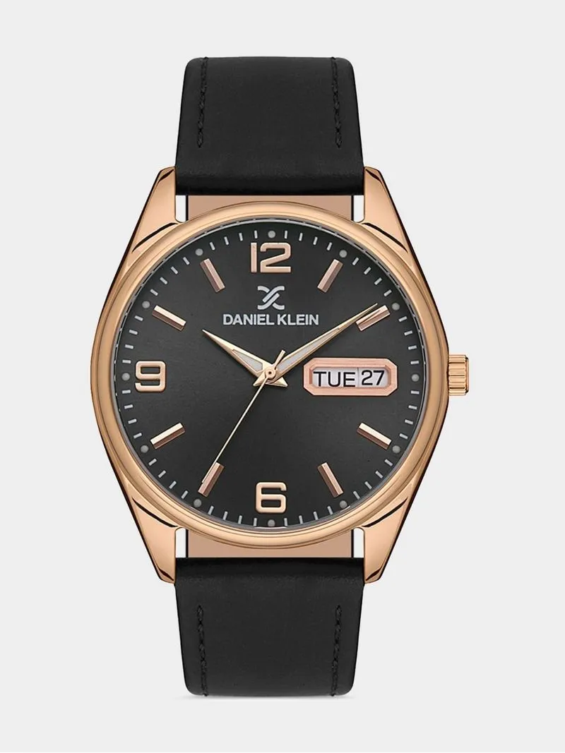 Daniel Klein Rose Plated Black Dial Black Leather Watch