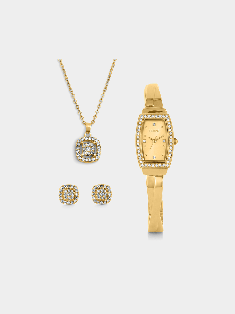 Tempo Women’s Gold Plated Tonneau Bangle Watch & Cushion Pendant Set