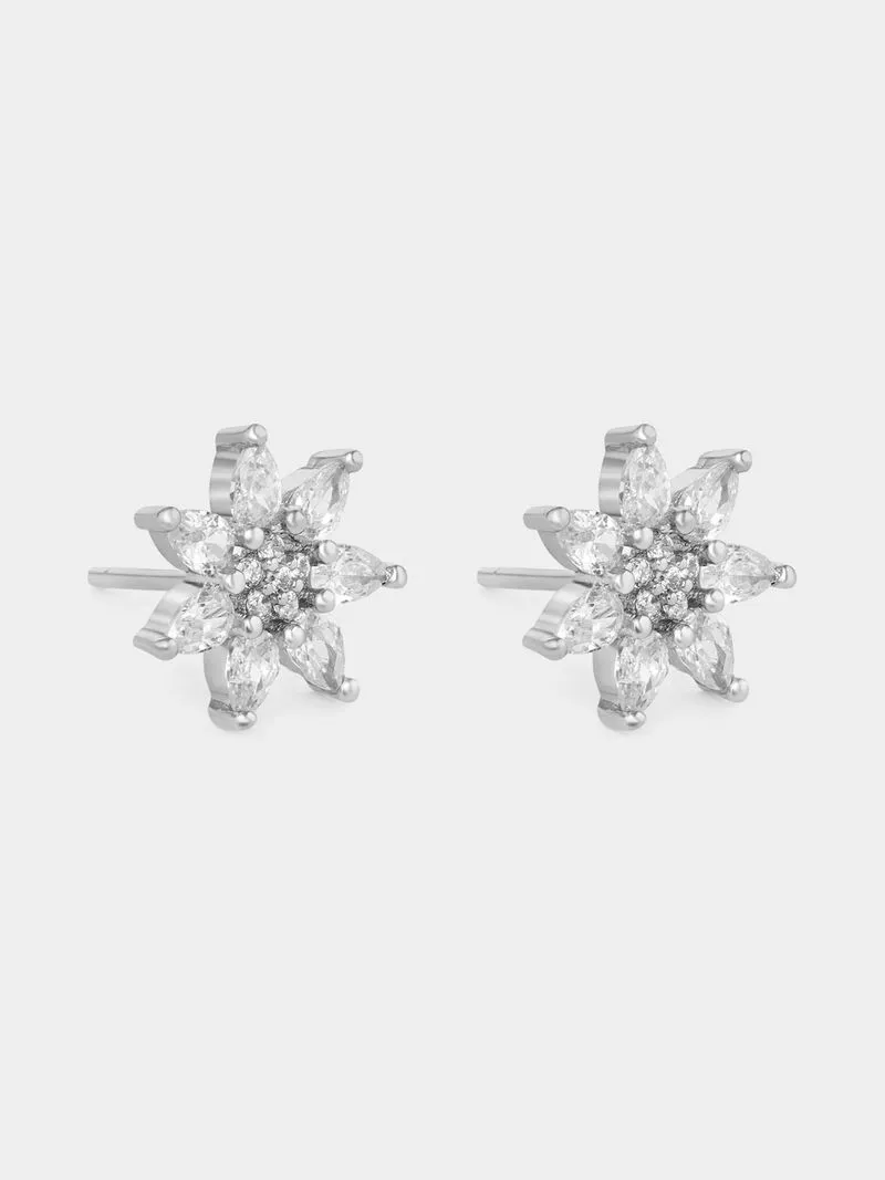 Sterling Silver Cubic Zirconia Flower Stud Earrings