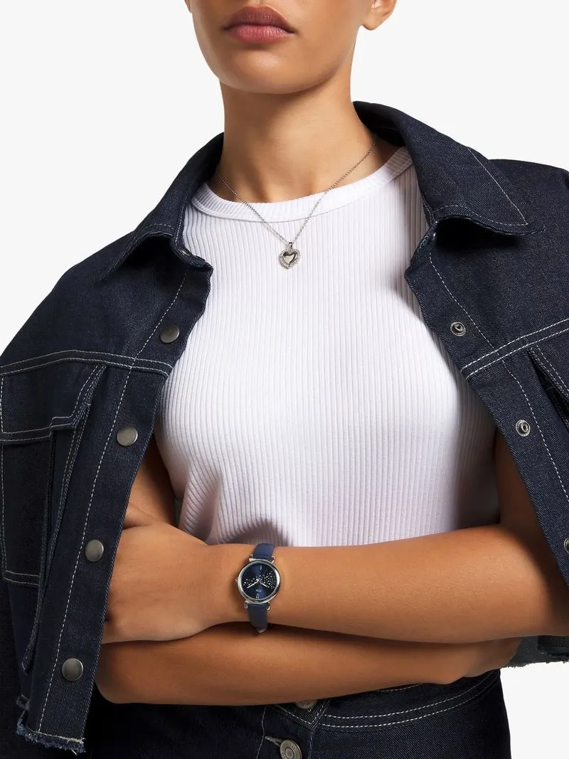 MX Woman`s Silver Plated Blue Faux Leather Watch & Heart Pendant Set