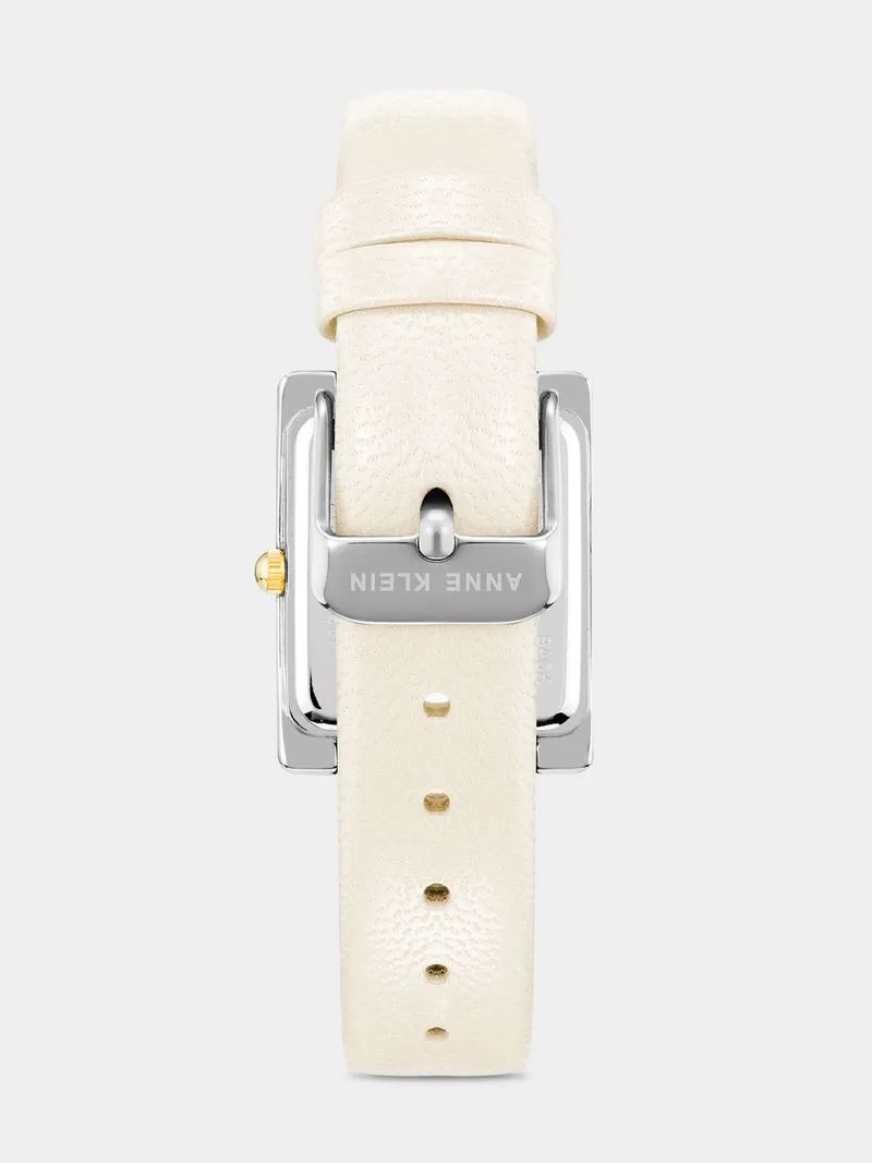 Anne Klein Silver & Gold Plated Rectangular Ivory Leather Watch