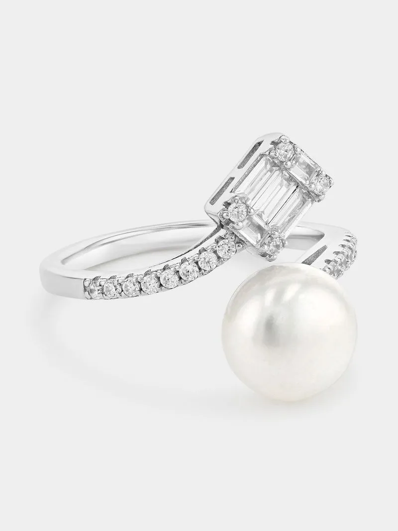 Sterling Silver Freshwater Pearl & Cubic Zirconia Baguette Ring