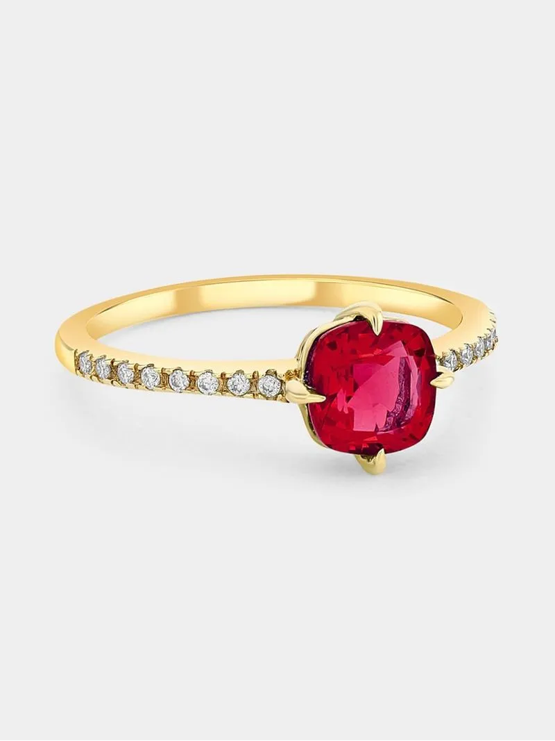 Yellow Gold Lab Grown Ruby & Moissanite Women’s Cushion Ring