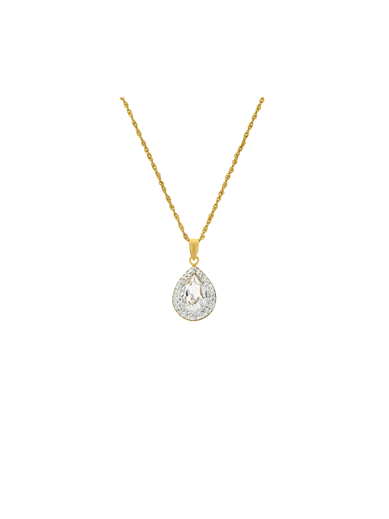 Yellow Gold & Sterling Silver Crystal Pear Halo Pendant on a chain